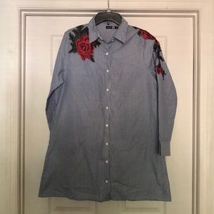 BooHoo Embroidered Mini Long-Sleeve Shirt Dress